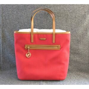 Michael Kors Kempton Tote Bag Red Canvas Tan Leather MK Charm Dbl Straps NWT NEW